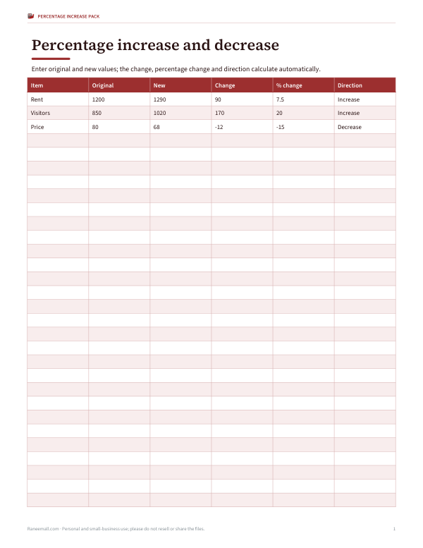 Preview of Percentage Change Calculator Sheet